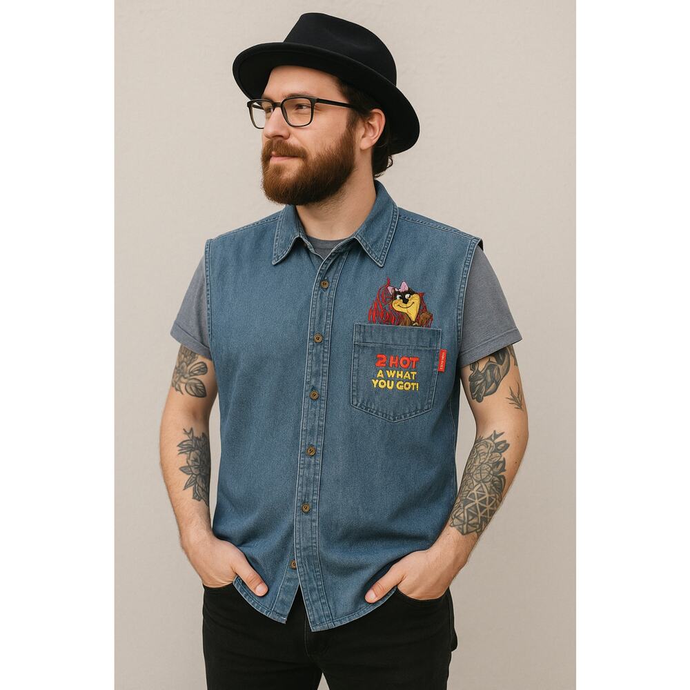Vintage Looney Tunes Taz Devil Denim Vest Embroidered Cartoon Size 18/20W - Picture 9 of 9